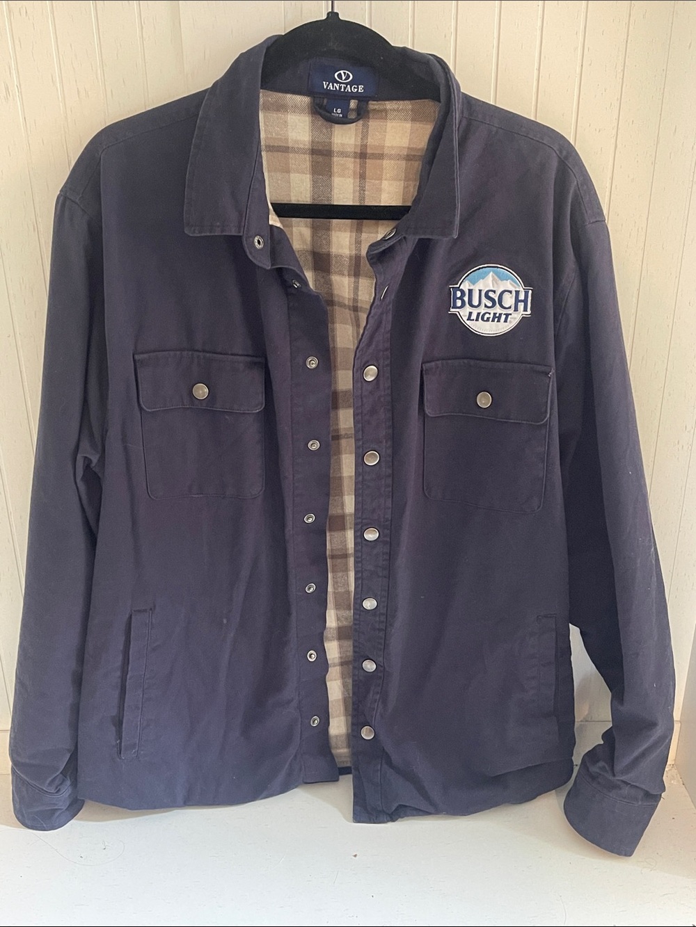 Men's Navy Vantage Work Shirt Jacket with Busch Light Patch